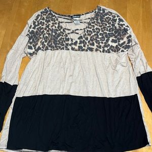 NWOT XL Leopard print block shirt, V-Neck, long sleeve